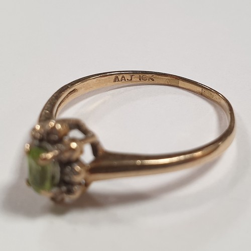 572 - 10K Gold Ring with Centre Green Stone and Diamonds Size T