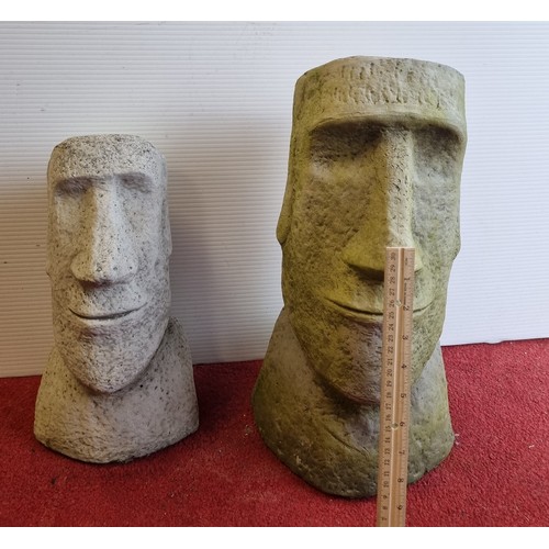 1043 - Lot of 2x Stone Easter Island Style Garden Ornaments H: 43cm (tall) H: 33cm (smaller)