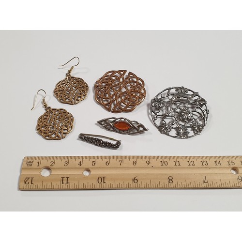 557 - Lot of 3x Silver Brooches and Gold Metal Brooch and Matching Ear Rings