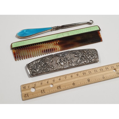 599 - Vintage Guilloche Enamel Comb and Buttonhook and Cased Comb