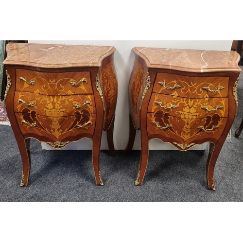164 - Pair of French Style Marble Top Marquetry Inlaid Bombe Chests/Bedside Lockers