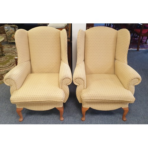126 - Pair of Yellow Queen Anne Wing Back Armchairs