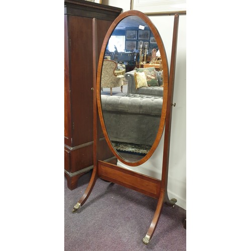 147 - Mahogany Inlaid Cheval Mirror on Brass Toe Side Pods H: 168cm x W: 77cm x D: 63cm