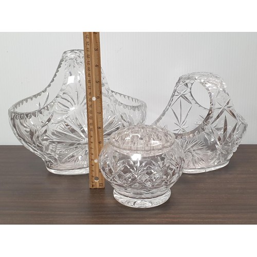59 - Lot of 3x Pieces of Cut Glass - Two cut glass flower baskets and glass flower posy