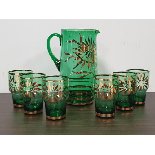 122 - Mid-Century Green and Gilt Drinks Set including Glass Pitcher and 6x Glass