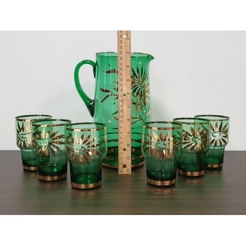 122 - Mid-Century Green and Gilt Drinks Set including Glass Pitcher and 6x Glass