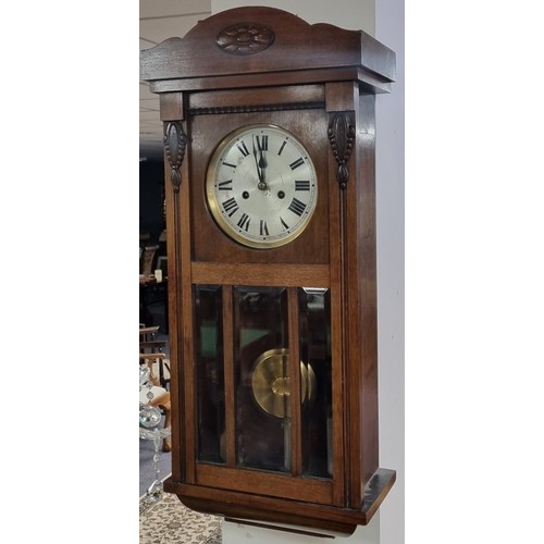 227 - Oak Wall Clock with Pendulum and Key