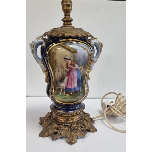 359 - Brass Mounted Blue and Gold Porcelain Table Lamp Base with Painted Scene, H: 39cm