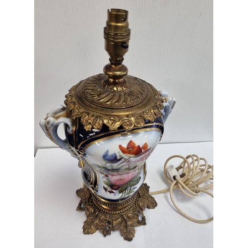 359 - Brass Mounted Blue and Gold Porcelain Table Lamp Base with Painted Scene, H: 39cm