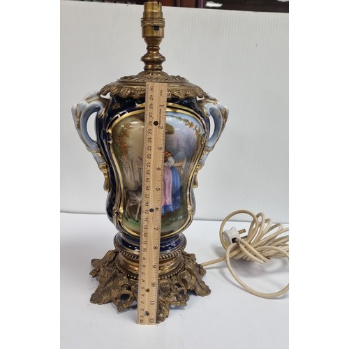 359 - Brass Mounted Blue and Gold Porcelain Table Lamp Base with Painted Scene, H: 39cm