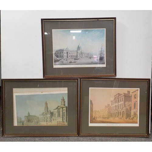 895 - Lot of 3x Dublin Framed Prints -Powerscourt House (1795),  Custom House (1792), Blue-Coat Hospital, ... 