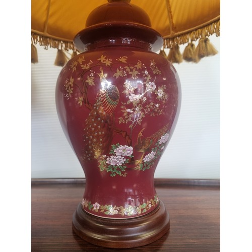 30 - Pair of Wine Porcelain Oriental Style Table Lamps with Gold shades (1 Oval and 1 Round Shade), heigh... 