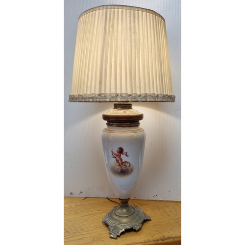 708 - Antique Milk Glass Lamp and Shade with Cherub Detail, H: 66cm