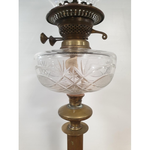 13 - Brass Oil Lamp with Cut Glass Reservoir and Clear Glass Globe, Height 72cm