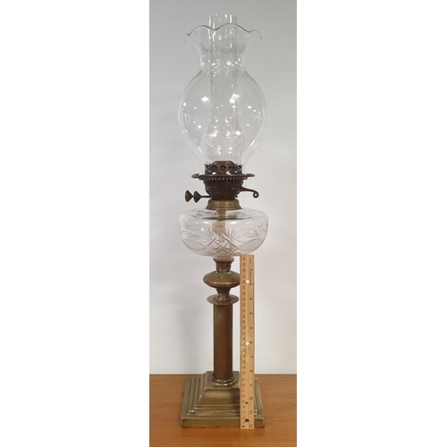 13 - Brass Oil Lamp with Cut Glass Reservoir and Clear Glass Globe, Height 72cm