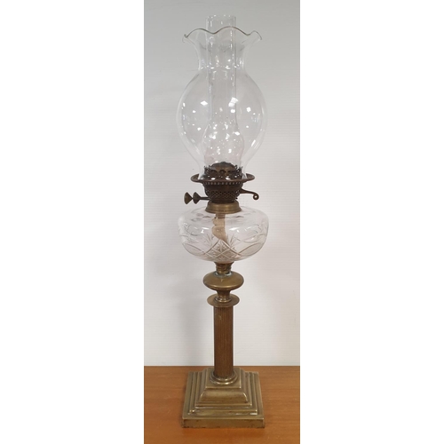 13 - Brass Oil Lamp with Cut Glass Reservoir and Clear Glass Globe, Height 72cm