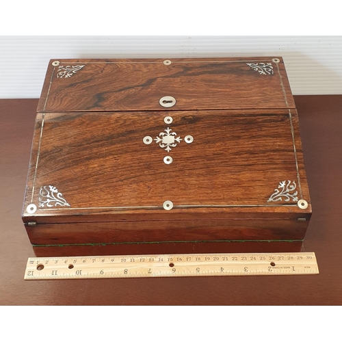 14 - Mother of Pearl Inlaid Rosewood Writing Slope, H:9 x W:30 x D:22/43cm