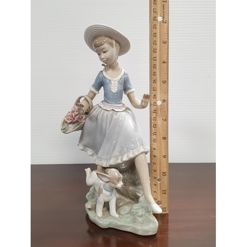 31 - Lladro Porcelain Figure Girl with Dog and Flower Basket, Height 26cm