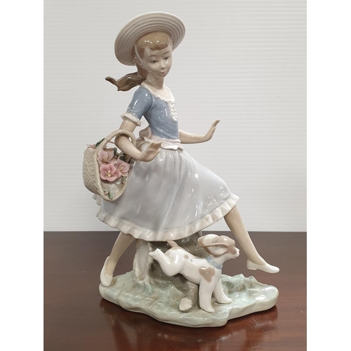 31 - Lladro Porcelain Figure Girl with Dog and Flower Basket, Height 26cm