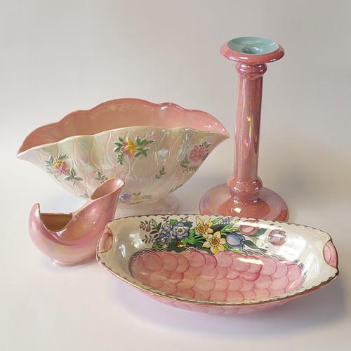 47 - Lot of 4x Pieces of Pink Ware,  Maling Vase and Dish, Crown Ducal Candle Stick and Carlton Ware Boat... 