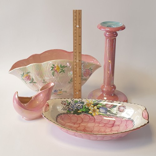 47 - Lot of 4x Pieces of Pink Ware,  Maling Vase and Dish, Crown Ducal Candle Stick and Carlton Ware Boat... 