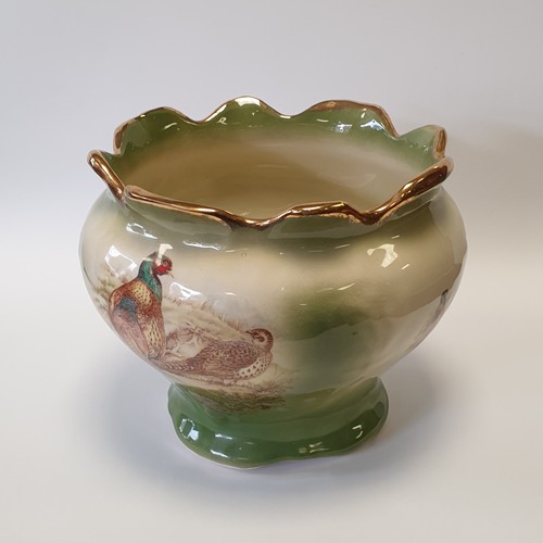 33 - Porcelain Staffordshire Green Jardinière Pheasant Design , H: 20cm x Diameter 26cm