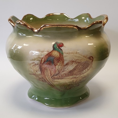 33 - Porcelain Staffordshire Green Jardinière Pheasant Design , H: 20cm x Diameter 26cm