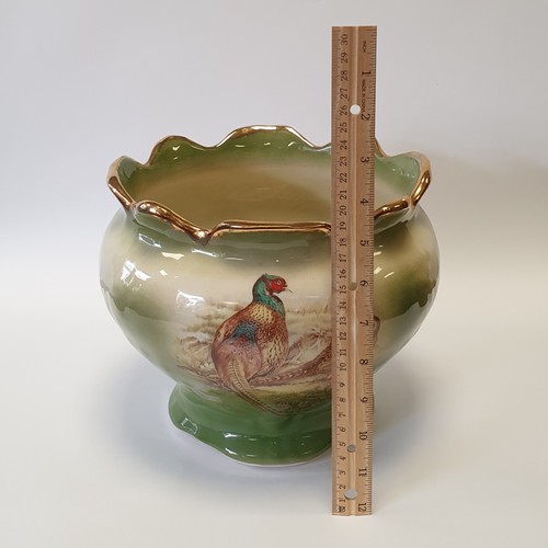 33 - Porcelain Staffordshire Green Jardinière Pheasant Design , H: 20cm x Diameter 26cm