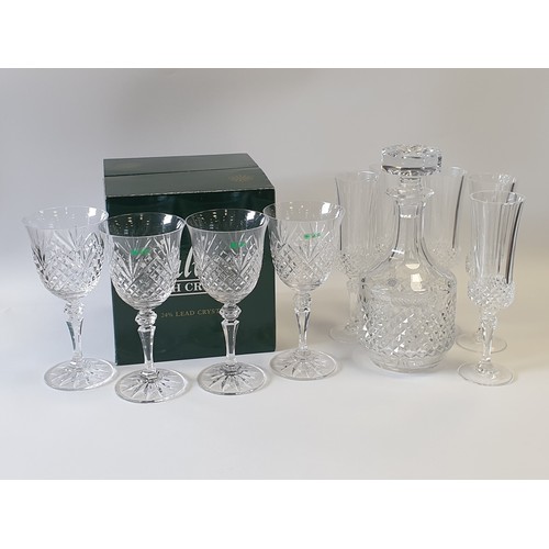 50 - Galway Crystal - Set of 4x Boxed Clarendon Goblets and Decanter, and 5x Cut Glass Champagne Flutes