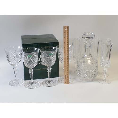 50 - Galway Crystal - Set of 4x Boxed Clarendon Goblets and Decanter, and 5x Cut Glass Champagne Flutes