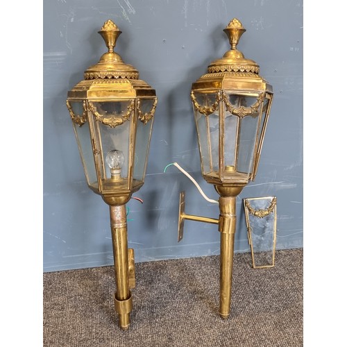3 - Pair of Brass Carriage Lamps H: 75cm