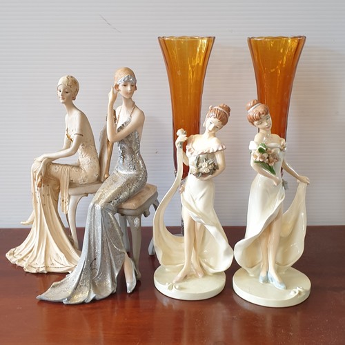 32 - Assorted Lot Pair of Coloured Glass Vases (Height 29cm) and Pair of Figures (Height 23cm) and Pair o... 