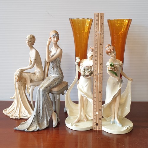 32 - Assorted Lot Pair of Coloured Glass Vases (Height 29cm) and Pair of Figures (Height 23cm) and Pair o... 