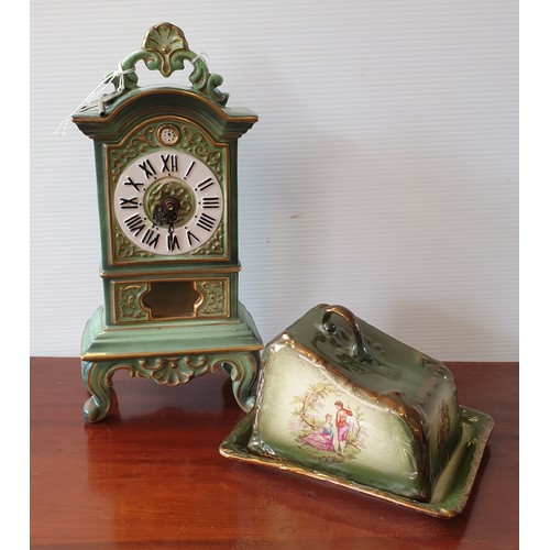 40 - Staffordshire Old Court Ware Lidded Cheese Dish 
and Porcelain Mantle Clock with Key, H:38 x W:19 x ... 