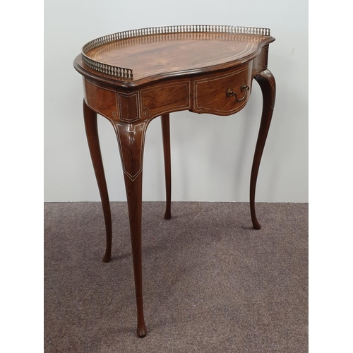 15 - Inlaid Rosewood Kidney-Shaped Side Table with Brass Gallery and Single Drawer, H:68 x W:63 x D:46cm
