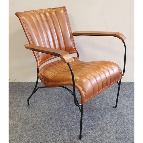 121 - Pair of Designer Iron Framed Leather Armchairs, H:75 x W:65 x D:70cm, Seat Height 40cm