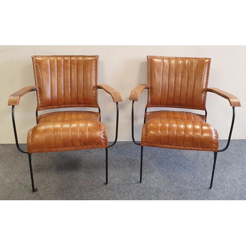 121 - Pair of Designer Iron Framed Leather Armchairs, H:75 x W:65 x D:70cm, Seat Height 40cm