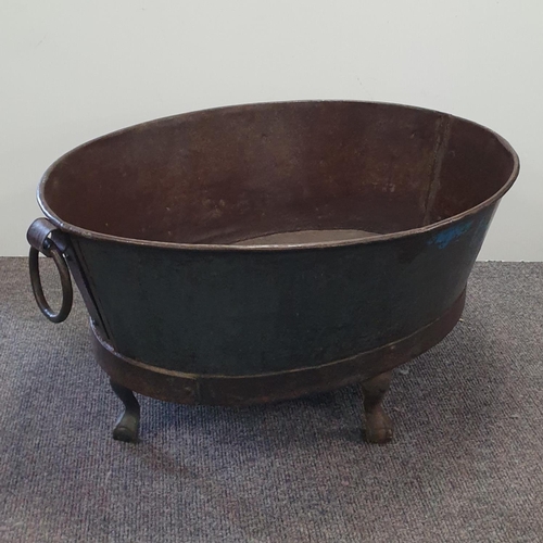 123 - Large Steel Log Bucket with Ring Handles on Ball and Claw Feet, H:35 x W:72 x D:58cm