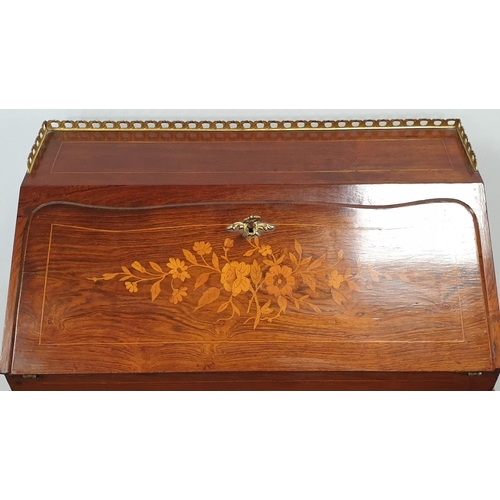 124 - Inlaid Rosewood Ladies Writing Desk with Brass Gallery and Mounts, H:91 x W:66 x D:39cm