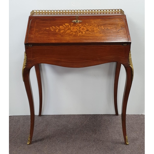 124 - Inlaid Rosewood Ladies Writing Desk with Brass Gallery and Mounts, H:91 x W:66 x D:39cm