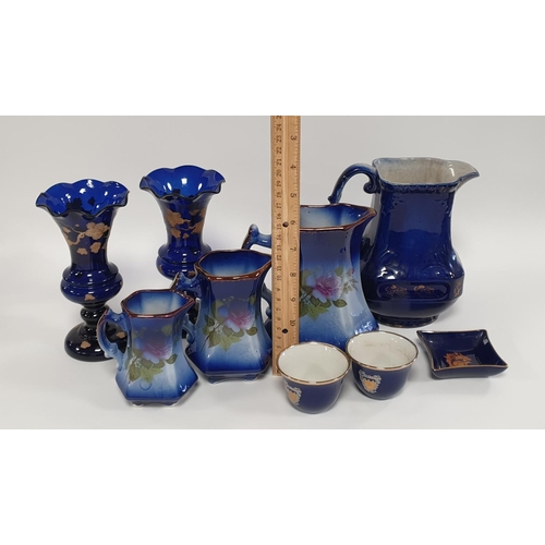 138 - Assorted Odd Lot to include Graduated Porcelain Jugs and Pair of Blue Glass Vases