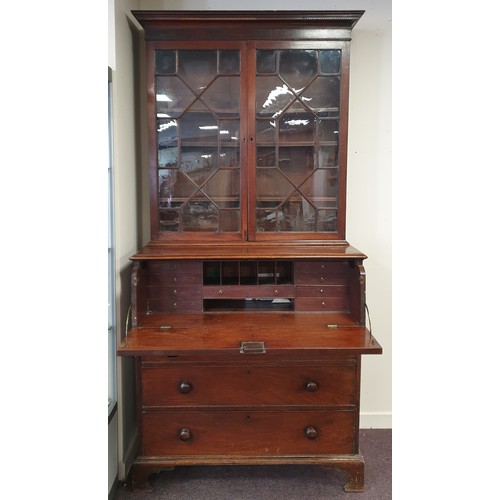 150 - Secretaire Mahogany Bureau Bookcase, H:229 x W:111 x D:57cm