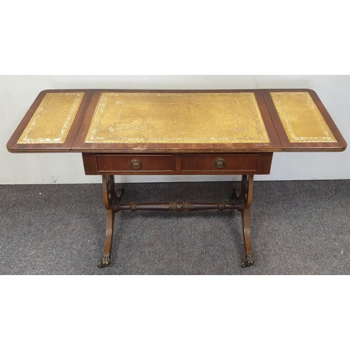 177 - Lyre End Drop Leaf Side Table with Leather Top, H:55 x W:65/103 x D:40cm