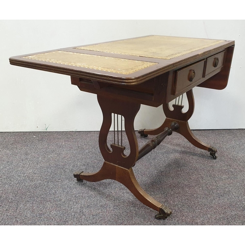 177 - Lyre End Drop Leaf Side Table with Leather Top, H:55 x W:65/103 x D:40cm