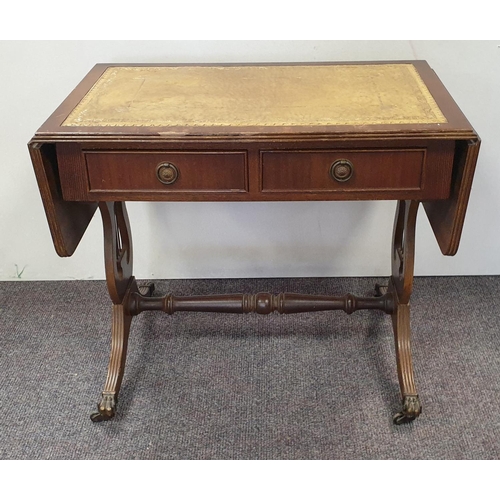 177 - Lyre End Drop Leaf Side Table with Leather Top, H:55 x W:65/103 x D:40cm