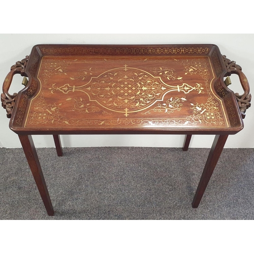 12 - Brass Inlaid Mahogany Tray Table, H:57 x W:74 x D:38cm