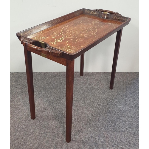 12 - Brass Inlaid Mahogany Tray Table, H:57 x W:74 x D:38cm