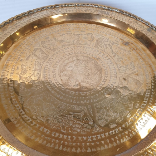 14 - Folding Circular Brass Occasional Tray Table, H:47 x D:61cm