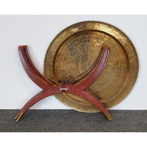 14 - Folding Circular Brass Occasional Tray Table, H:47 x D:61cm