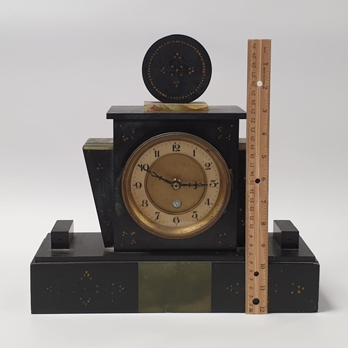 27 - Art Deco Style Marble Mantle Clock with Key, H:32 x W:33 x D:10cm